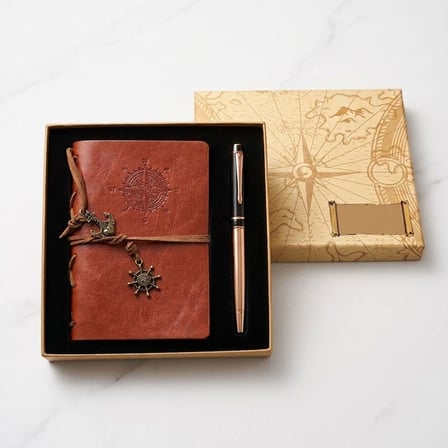 Günlük Not Defteri Kutulu Set Babaya Hediye Deri Pusula Tasarımlı Defter Ve Metal Kalem Seti