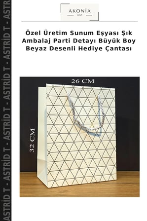 Özel Üretim Sunum Eşyası Şık Ambalaj Parti Detayı Büyük Boy Beyaz Desenli Hediye Çantası