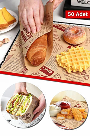 50 Adet Vintage Desenli Sunum Kağıdı Yağlı Kağıt  Su Geçirmez Sandviç Kağıdı