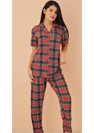 Ekoseli Düğmeli Pijama Takımı