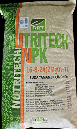 NPK Damlama Gübresi Nutritech 16-08-24+2MgO+Te Suda Tamamen Çözünür Gübre 25 Kg