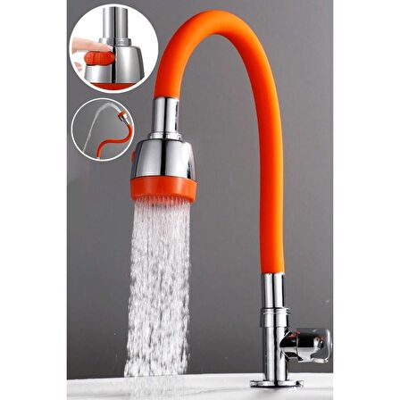 Yayke Oynar Başlıklı Tasarruflu Silikon Musluk Başlığı Kubar Çift Fonksiyonlu Turuncu