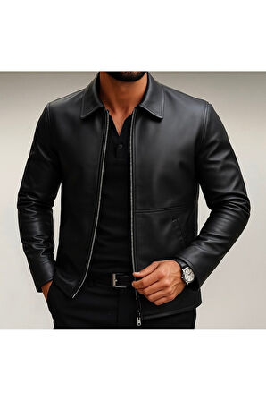 Premium Slim Fit Fermuarlı Basic Deri Ceket