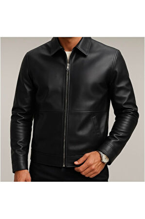 Premium Slim Fit Fermuarlı Basic Deri Ceket