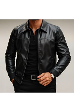 Premium Slim Fit Polo Yaka Deri Ceket