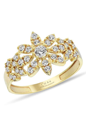 Çiçek Detaylı Taşlı Altın Yüzük