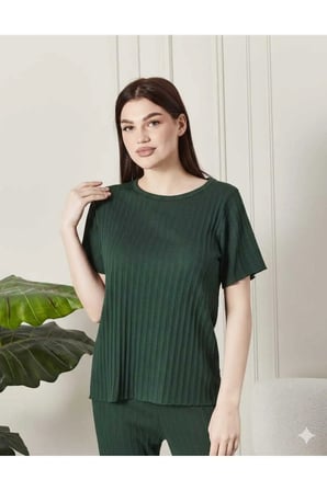 kadın %100 pamuklu fitilli pijama takımı - kısa kollu ribanalı yumuşak dokulu loungewear