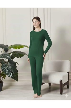 kadın %100 pamuklu fitilli pijama takımı - uzun kollu ribanalı yumuşak dokulu loungewear