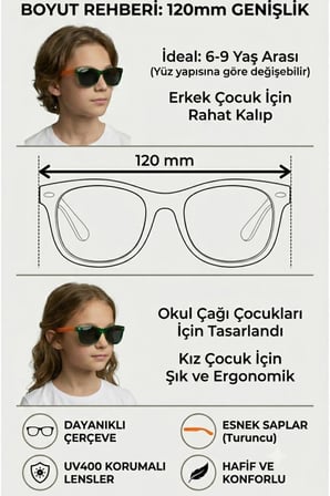 Erkek Çocuk Kız Çocuk Yeşil Turuncu Polarize Güneş Gözlüğü 6-9 Yaş Aralığı