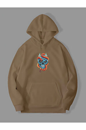 3 İplik Yılan Kurukafa Baskılı Kemik Kanguru Cepli Kapüşonlu Sweatshirt Hoodie | M