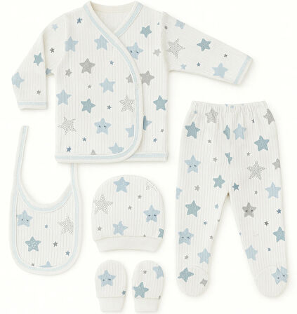 %100 Pamuklu 5 Parça Yenidoğan Hastane Çıkışı Seti – Bebek Zıbın Takımı, Şapka, Önlük, Eldiven