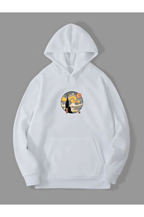 Üç İplik Yıldızlı Gece Baskılı Unisex Beyaz Kanguru Cepli Kapüşonlu Sweatshirt Hoodie | L