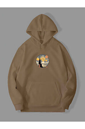 3 İplik Yıldızlı Gece Baskılı Kemik Kanguru Cepli Kapüşonlu Sweatshirt Hoodie | S