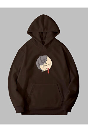 Üç İplik Ying Yang Baskılı Unisex Kahverengi Kanguru Cepli Kapüşonlu Sweatshirt Hoodie | M
