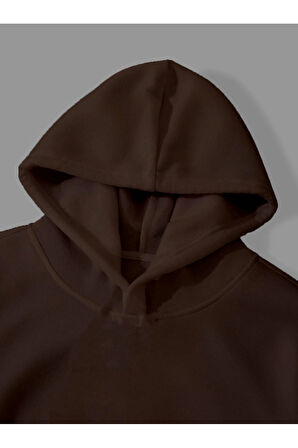 Üç İplik Ying Yang Baskılı Unisex Kahverengi Kanguru Cepli Kapüşonlu Sweatshirt Hoodie | M
