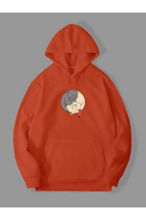 3 İplik Ying Yang Baskılı Turuncu Kanguru Cepli Kapüşonlu Sweatshirt Hoodie | M