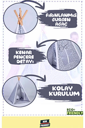 Devrilmez Toplanmaz Kızılderili Pamuklu Ahşap Direkli Geniş Oyun Çadırı Egitici Oyuncaklar