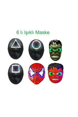 Squid Game Üçgen Kare Yuvarlak Örümcek adam Kırmızı hulk Yeşil Hulk Işıklı Maskesi 6 liset Çocuk Eğ
