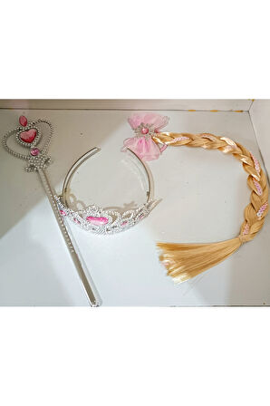 Elsa frozen yeni model 3 lü set Elsa taçelsa saç ve Elsa asa tokalı set Pembe renk Çocuk Eğitici Oy