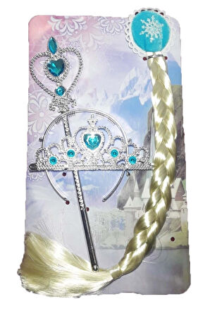 Kız Çocuk Mavi Karlar Ülkesi Frozen Elsa Saçı Tacı Asa Seti Elsa Tacı Saçı Ve Asası 3 Parça Çocuk E