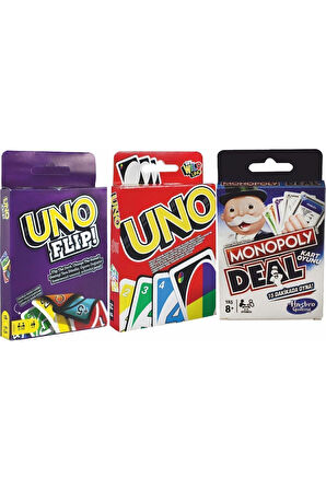Uno Klasik Uno Flipy ve Monopoly 3'ü Bir Arada 3'lü Ekonomik Set Çocuk Eğitici Oyuncaklar