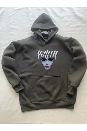 Youth Baskılı Siyah Erkek Kapüşonlu 3 iplik Şardonlu Ribanalı Sweatshirt Hoodie