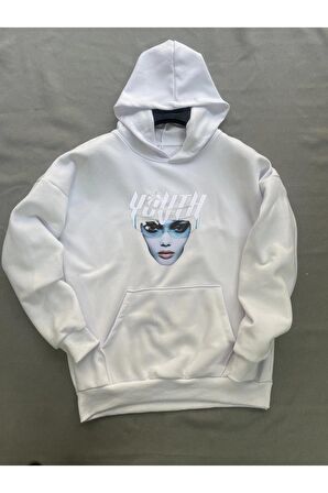 Youth Baskılı Beyaz Erkek Kapüşonlu 3 iplik Şardonlu Ribanalı Kanguru Cepli Sweatshirt Hoodie