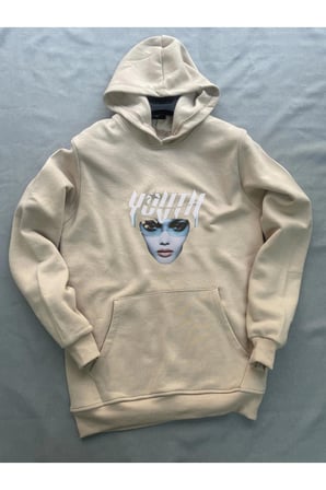 Youth Baskılı Bej Erkek Kapüşonlu 3 iplik Şardonlu Ribanalı Kanguru Cepli Sweatshirt Hoodie