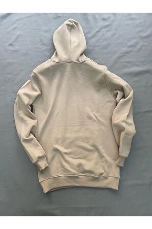 Youth Baskılı Bej Erkek Kapüşonlu 3 iplik Şardonlu Ribanalı Kanguru Cepli Sweatshirt Hoodie