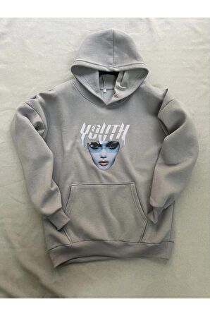 Youth Baskılı Gri Erkek Kapüşonlu 3 iplik Şardonlu Ribanalı Sweatshirt Hoodie