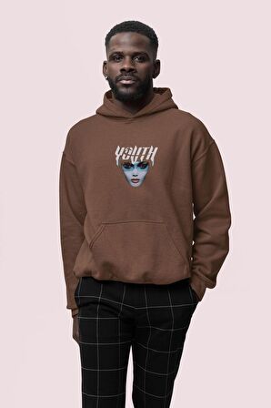 Youth Baskılı Kahverengi Erkek Kapüşonlu 3 iplik Şardonlu Ribanalı Sweatshirt Hoodie