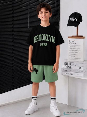 Yazlık Yeşil Brooklyn Usa Baskılı Erkek Çocuk Yeşil Şort, Siyah T-Shirt Takım
