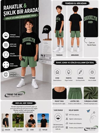 Yazlık Yeşil Brooklyn Usa Baskılı Erkek Çocuk Yeşil Şort, Siyah T-Shirt Takım