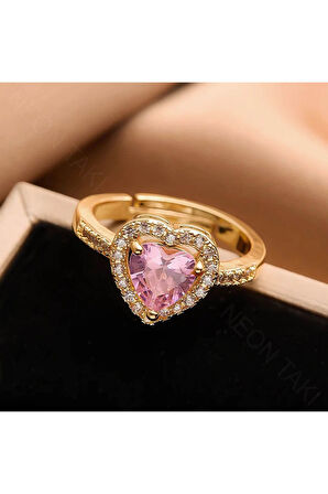 Zirkon Taşlı, Kalp Figürlü, Pan Yüzük 1, Kasa Altın Renk, Ayarlanabilir