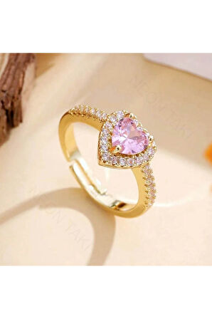 Zirkon Taşlı, Kalp Figürlü, Pan Yüzük 1, Kasa Altın Renk, Ayarlanabilir