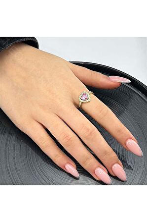 Zirkon Taşlı, Kalp Figürlü, Pan Yüzük 1, Kasa Altın Renk, Ayarlanabilir