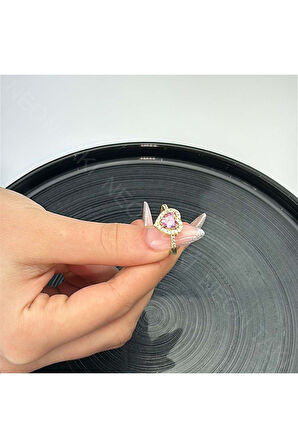 Zirkon Taşlı, Kalp Figürlü, Pan Yüzük 1, Kasa Altın Renk, Ayarlanabilir