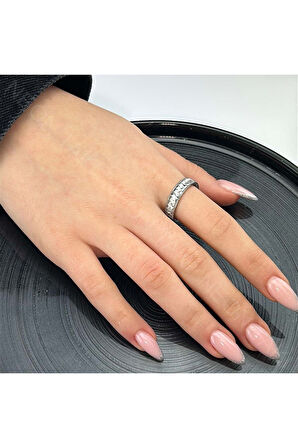 Zirkon Taşlı, Paslanmaz Çelik Yüzük 20, Gümüş Renk, 17 Numara