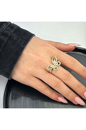 Xxx Kelebek Figürlü, Zirkon Taşlı Yüzük 49, Altın Renk, Ayarlanabilir