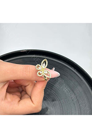 Xxx Kelebek Figürlü, Zirkon Taşlı Yüzük 49, Altın Renk, Ayarlanabilir