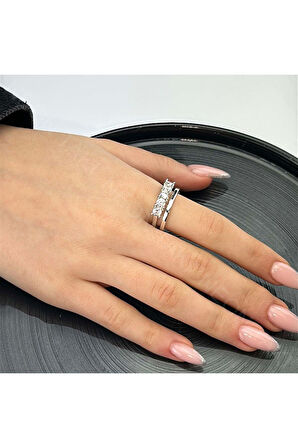 Zirkon Taşlı Yüzük 76, Gümüş Renk, Ayarlanabilir