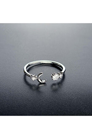Zirkon Taşlı Ay Ve Yıldız Paslanmaz Çelik Yüzük 98 Gümüş Renk Ayarlanabilir