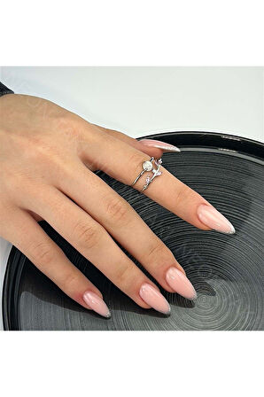 Zirkon Taşlı, Incili, Paslanmaz Çelik Yüzük 99, Gümüş Renk, Ayarlanabilir