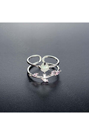 Zirkon Taşlı, Incili, Paslanmaz Çelik Yüzük 99, Gümüş Renk, Ayarlanabilir