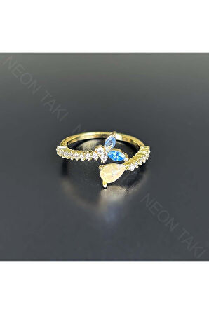 Zirkon Taşlı, Deniz Kızı , Paslanmaz Yüzük 130, Kasa Altın Renk Ayarlanabilir