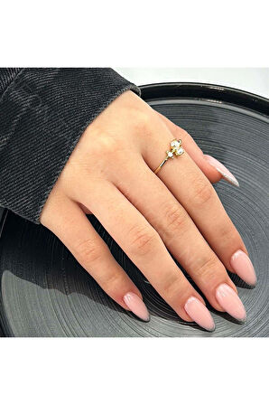 Zirkon Taşlı, Mineli Incili Paslanmaz Yüzük 133 Kasa Altın Renk Ayarlanabilir