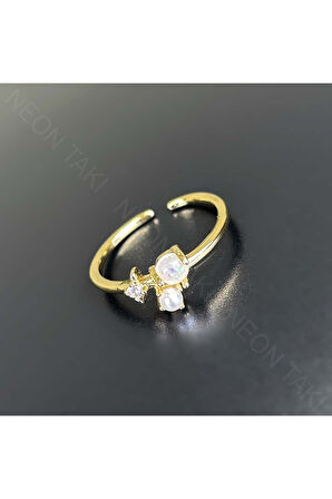 Zirkon Taşlı, Mineli Incili Paslanmaz Yüzük 133 Kasa Altın Renk Ayarlanabilir