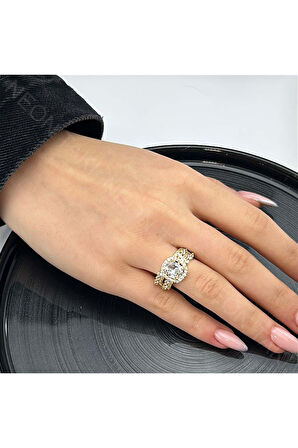 Zirkon Taşlı, Paslanmaz Çelik Yüzük 147, Kasa Altın Renk, Ayarlanabilir