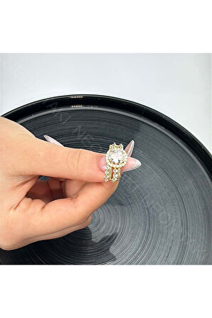 Zirkon Taşlı, Paslanmaz Çelik Yüzük 147, Kasa Altın Renk, Ayarlanabilir