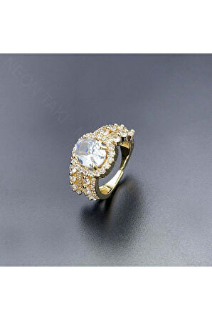 Zirkon Taşlı, Paslanmaz Çelik Yüzük 147, Kasa Altın Renk, Ayarlanabilir